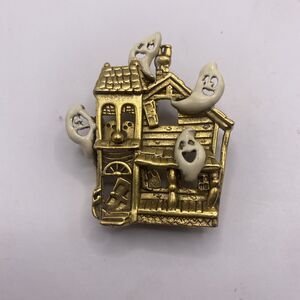 Vintage Halloween Pin Brooch Haunted House Ghosts Spooky Fall Autumn E2